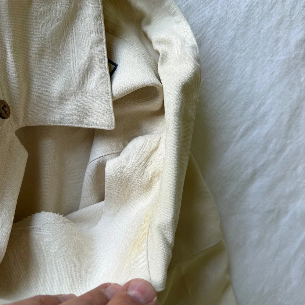 Tommy‎ Bahama Mens M Ivory 100% Silk Jacquard Palm Tree Short Sleeve Camp Shirt